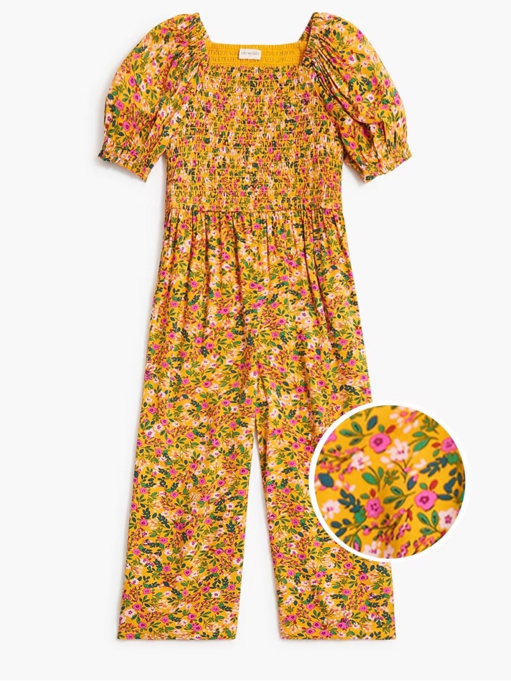 Crewcuts Yellow Floral Smocked Jumpsuit with Puff Sleeves
